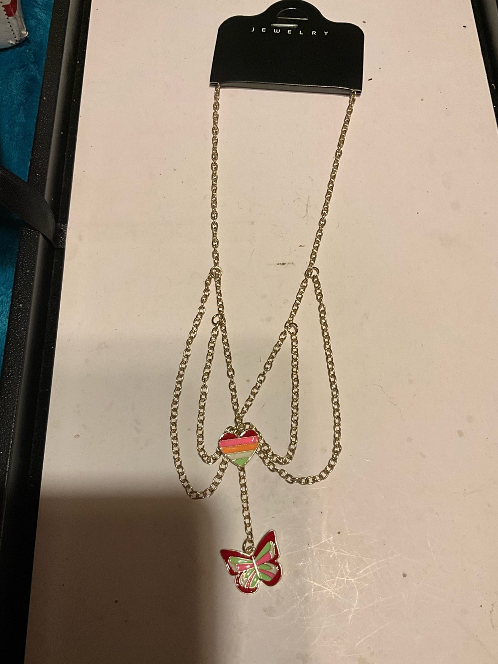 Y2K Multi-Strand Layered Necklace RAINBOW Striped Enamel Heart & Butterfly 🆕